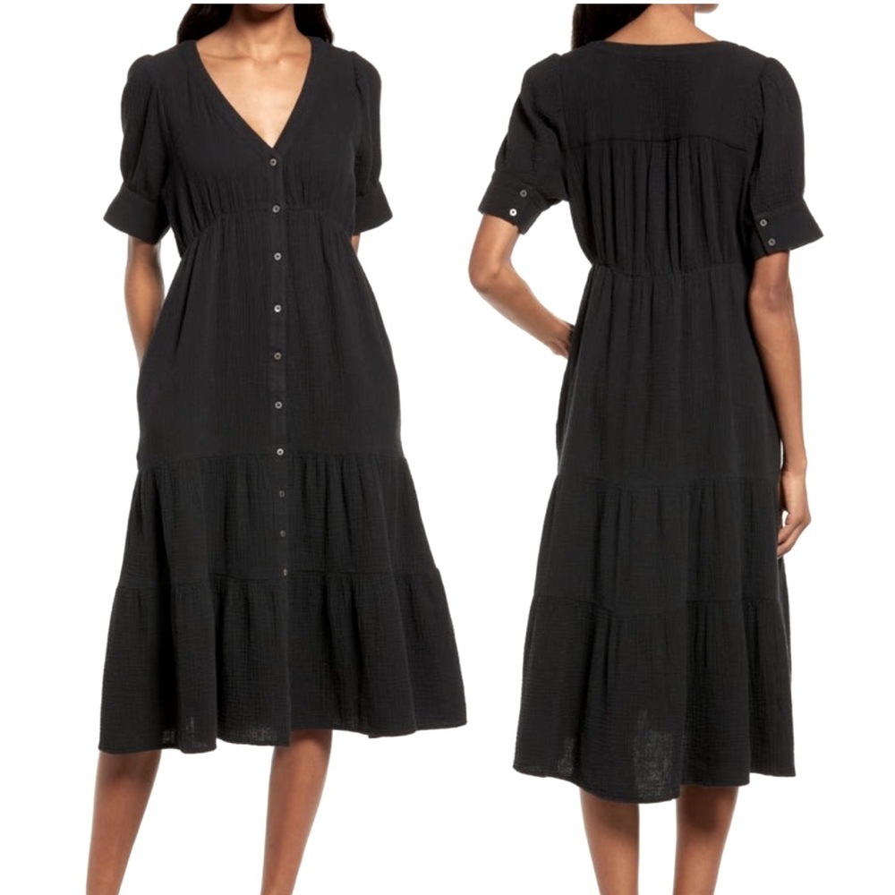 Madewell Black Button-Down Tiered Midi Cotton Dress w/ Pockets